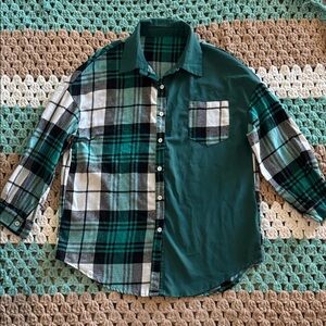 Teal Green Black White Plaid Oversized Button-Up Shirt Top Womans sz Small